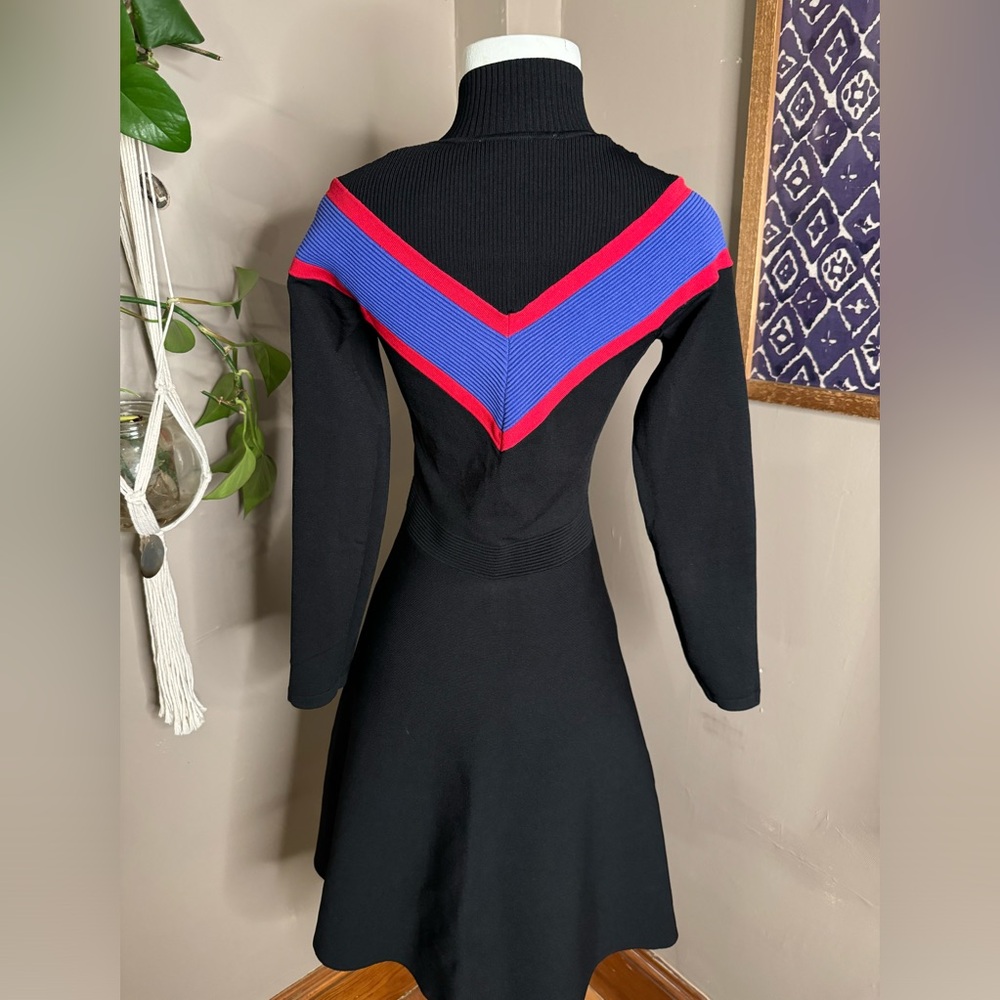 Sandro Knit Blue/Red Zip‎ Neck Long Sleeve Dress Sz S-M - Picture 6 of 11